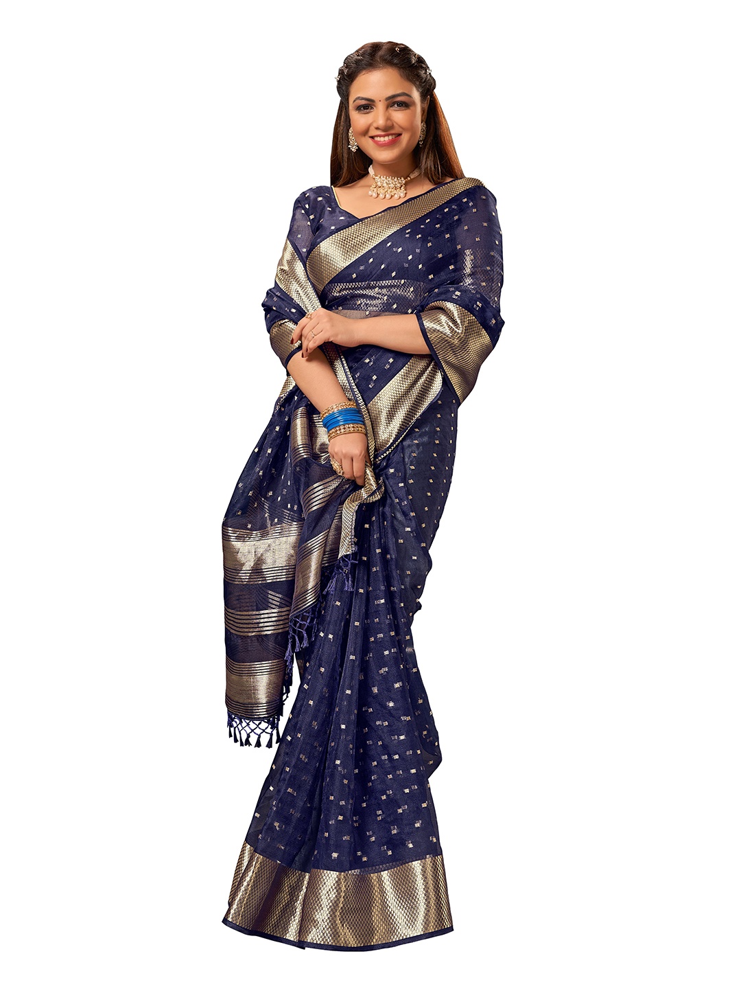 MANOHARI Blue & Gold-Toned Woven Design Zari Saree