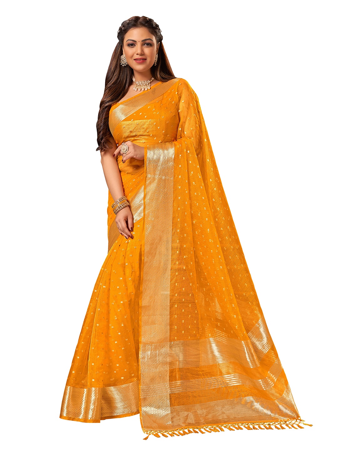 MANOHARI Yellow & Gold-Toned Woven Design Zari Saree
