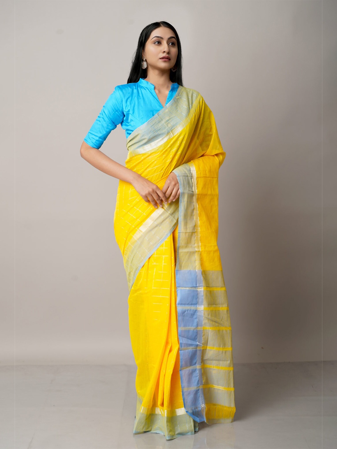 Unnati Silks Yellow & Blue Checked Zari Pure Cotton Handloom Mangalagiri Saree