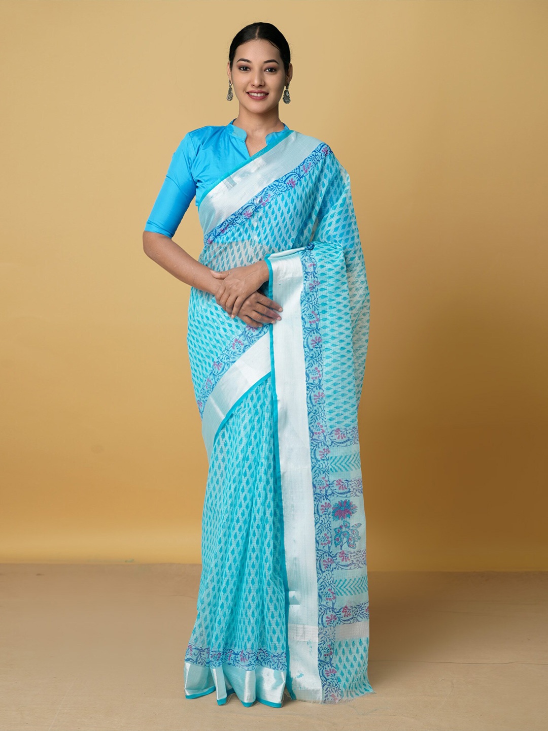 Unnati Silks Blue & Silver-Toned Ethnic Motifs Pure Cotton Handloom Kota Saree