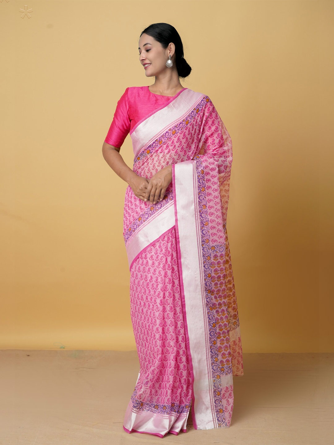 Unnati Silks Pink & Blue Floral Zari Pure Cotton Handloom Kota Saree