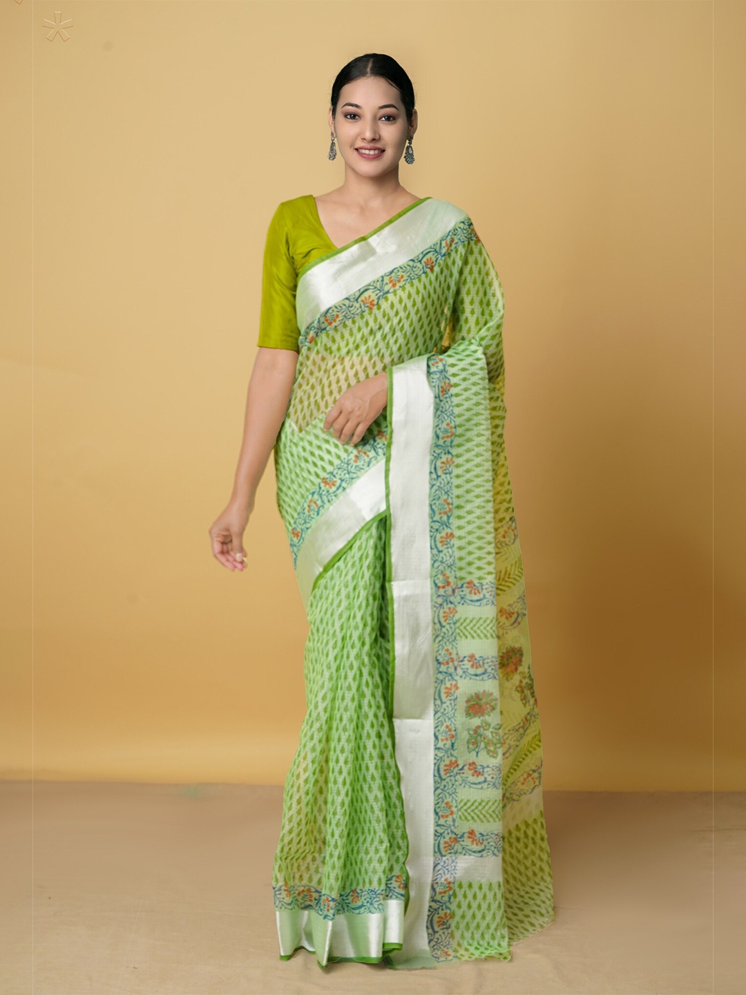 Unnati Silks Green & White Ethnic Motifs Zari Pure Cotton Handloom Kota Saree
