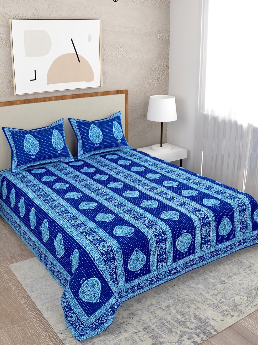 Salona Bichona Ethnic Motifs 120 TC 100% Cotton Queen Bedsheet with 2 Pillow Covers, Navy blue
Salona Bichona Ethnic Motifs 120 TC 100% Cotton Queen Bedsheet with 2 Pillow Covers, Navy blue