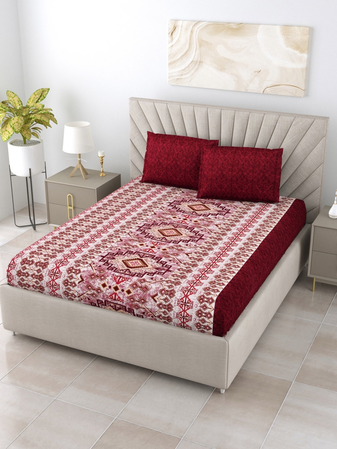 Salona Bichona Ethnic Motifs 120 TC 100% Cotton Queen Bedsheet with 2 Pillow Covers, Maroon
Salona Bichona Ethnic Motifs 120 TC 100% Cotton Queen Bedsheet with 2 Pillow Covers, Maroon