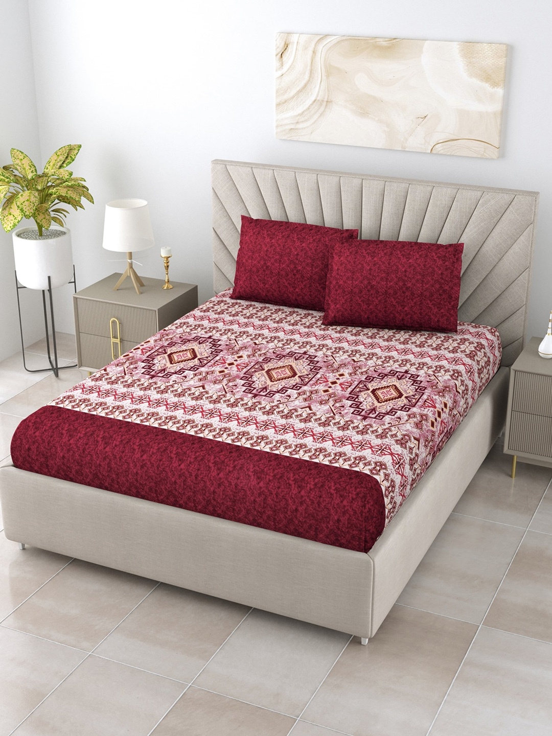 Salona Bichona Ethnic Motifs 120 TC Cotton King Bedsheet with 2 Pillow Covers, Maroon
Salona Bichona Ethnic Motifs 120 TC Cotton King Bedsheet with 2 Pillow Covers, Maroon