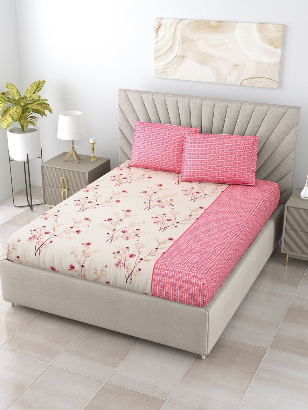 Salona Bichona Beige & Pink 144 TC Floral Pure Cotton Queen Bedsheet with 2 Pillow Covers
Salona Bichona Beige & Pink 144 TC Floral Pure Cotton Queen Bedsheet with 2 Pillow Covers