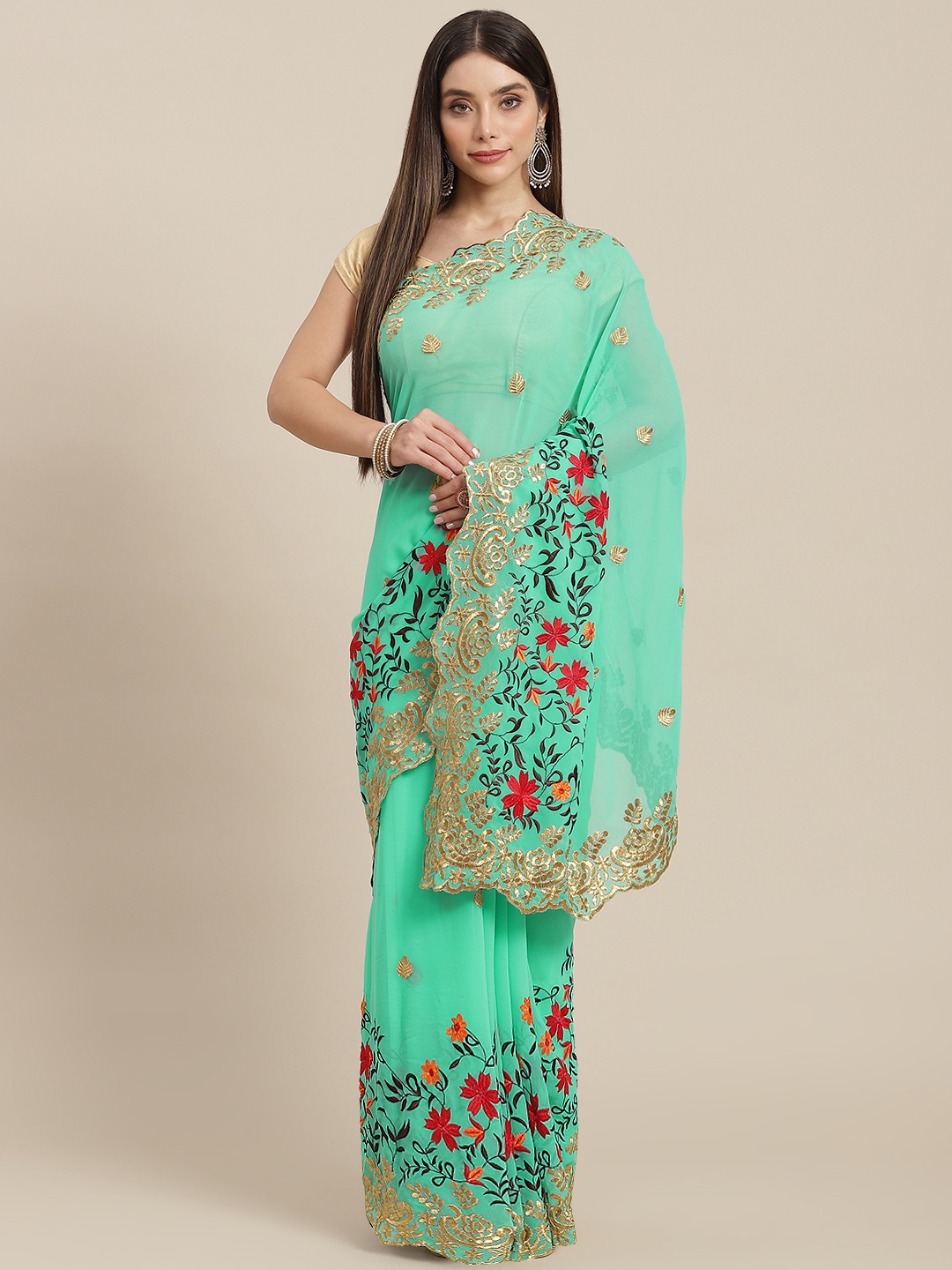 MARUTI ART Sea Green & Gold-Toned Floral Embroidered Pure Georgette Heavy Work Saree
MARUTI ART Sea Green & Gold-Toned Floral Embroidered Pure Georgette Heavy Work Saree