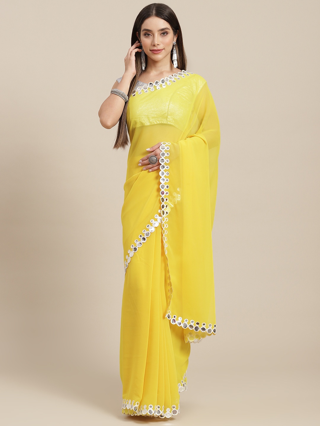 MARUTI ART Yellow Mirror Work Pure Georgette Saree