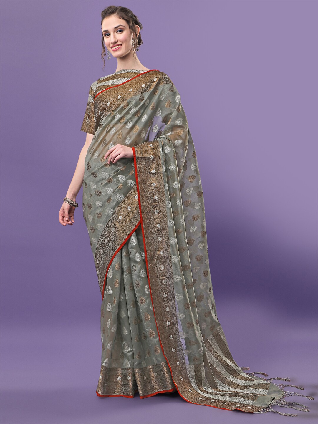 Sangria Grey & Gold-Toned Ethnic Motifs Zari Organza Saree