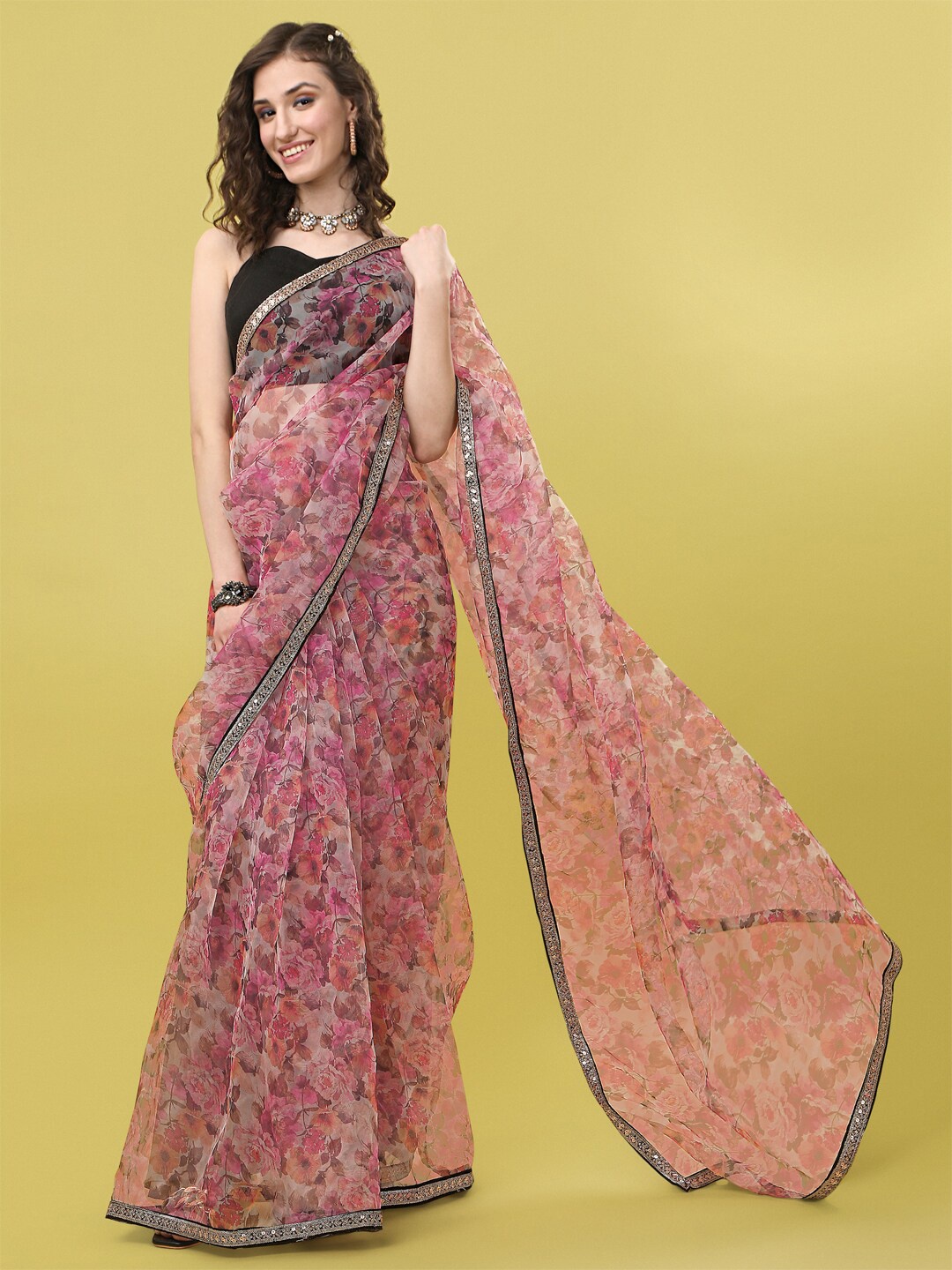 Sangria Magenta & Pink Floral Sequinned Organza Saree