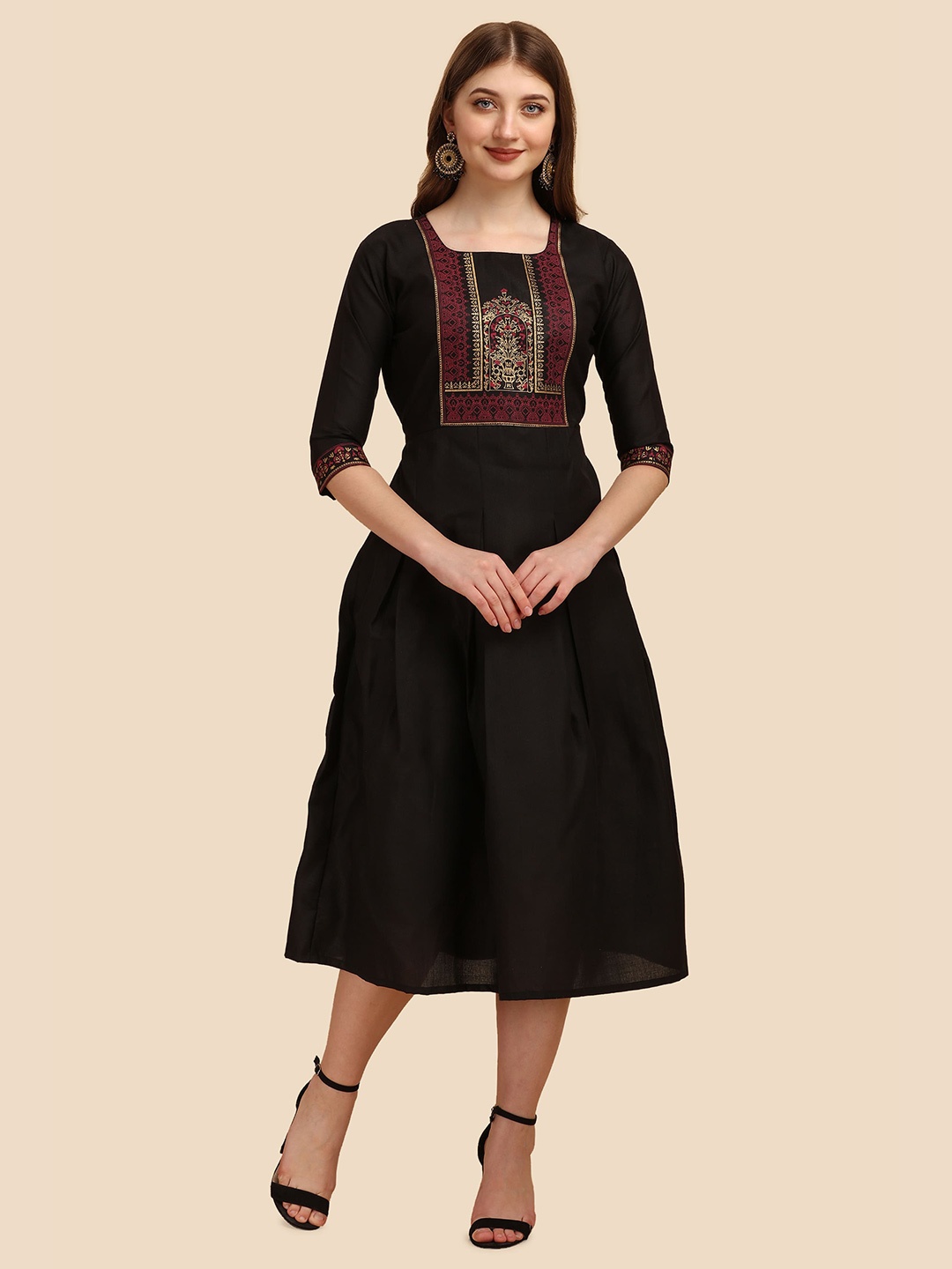 Paralians Black Ethnic Motifs Ethnic Cotton Empire Midi Dress