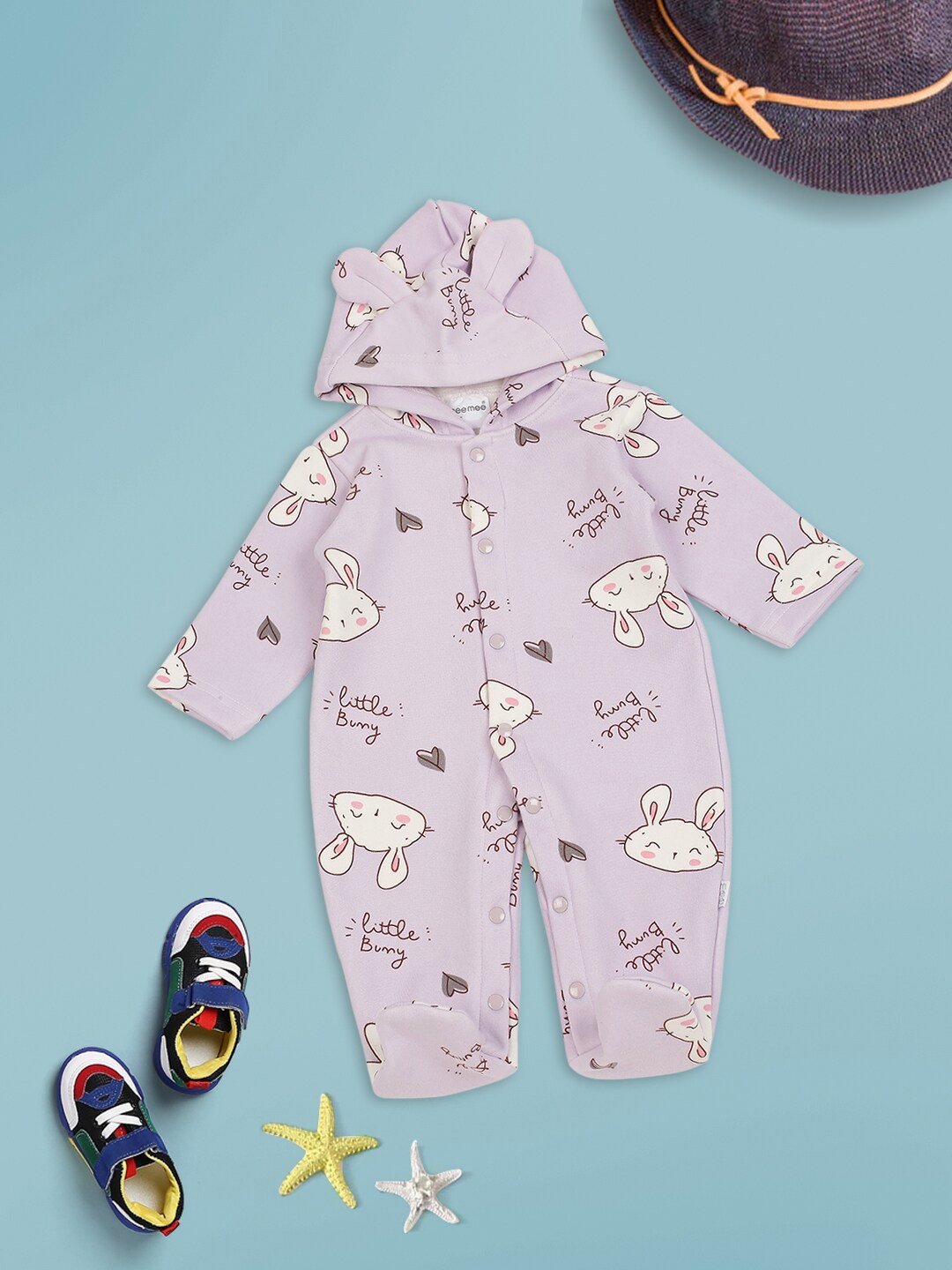 MeeMee Infant Lavender Coloured Printed Cotton Rompers