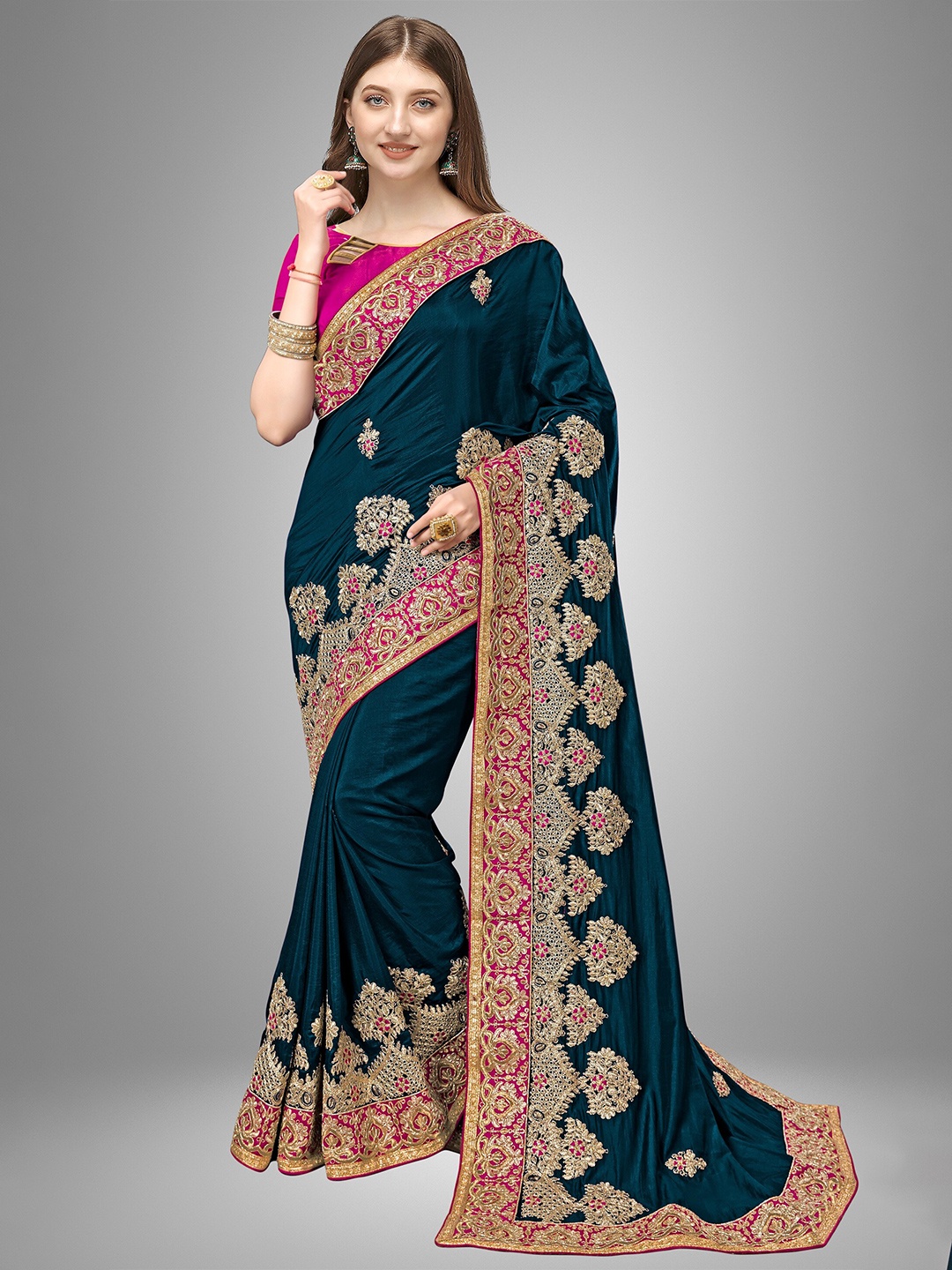 Trendmalls Sea Green & Pink Ethnic Motifs Embroidered Pure Silk Saree