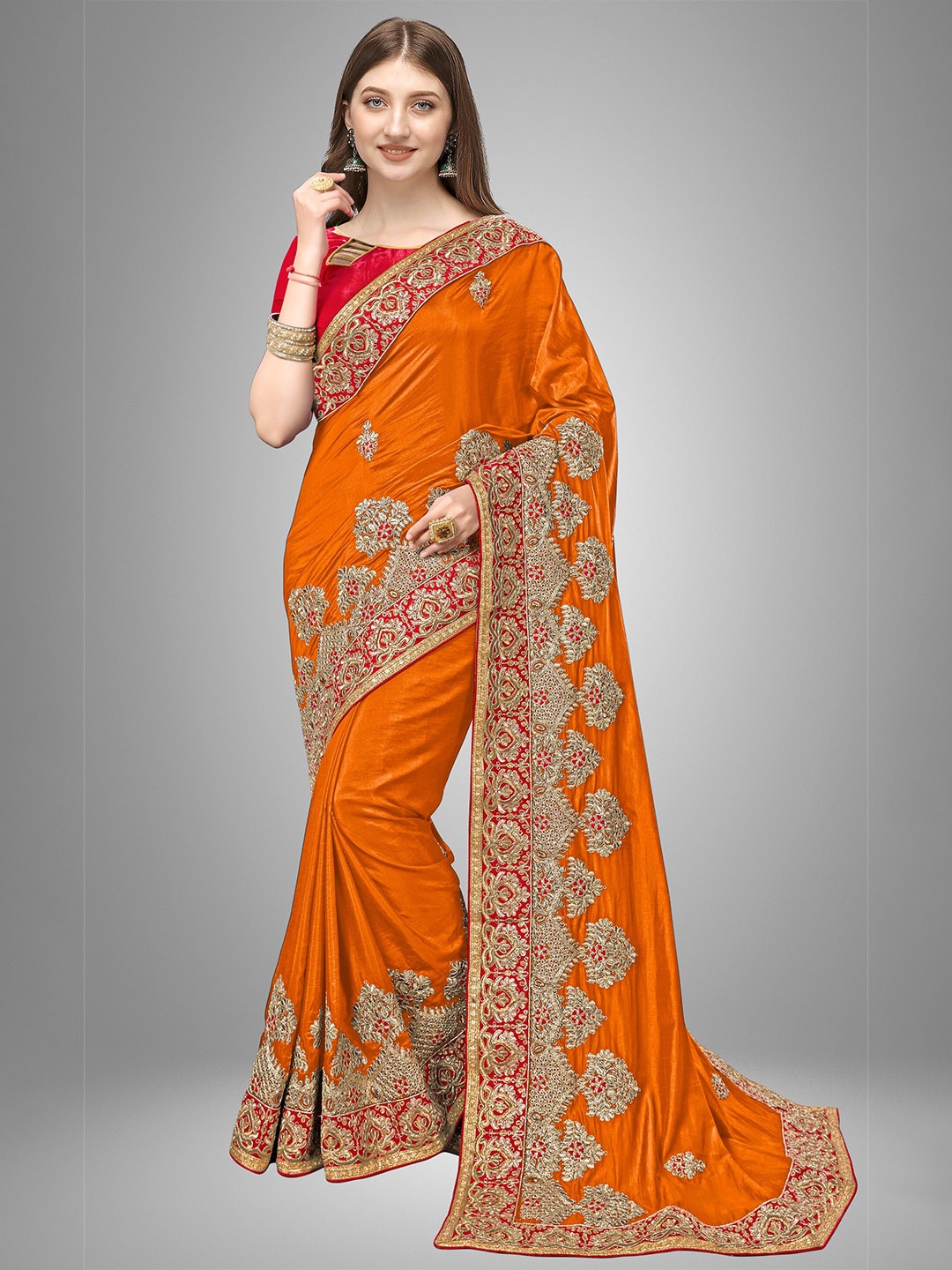 Trendmalls Orange & Brown Floral Embroidered Pure Silk Saree