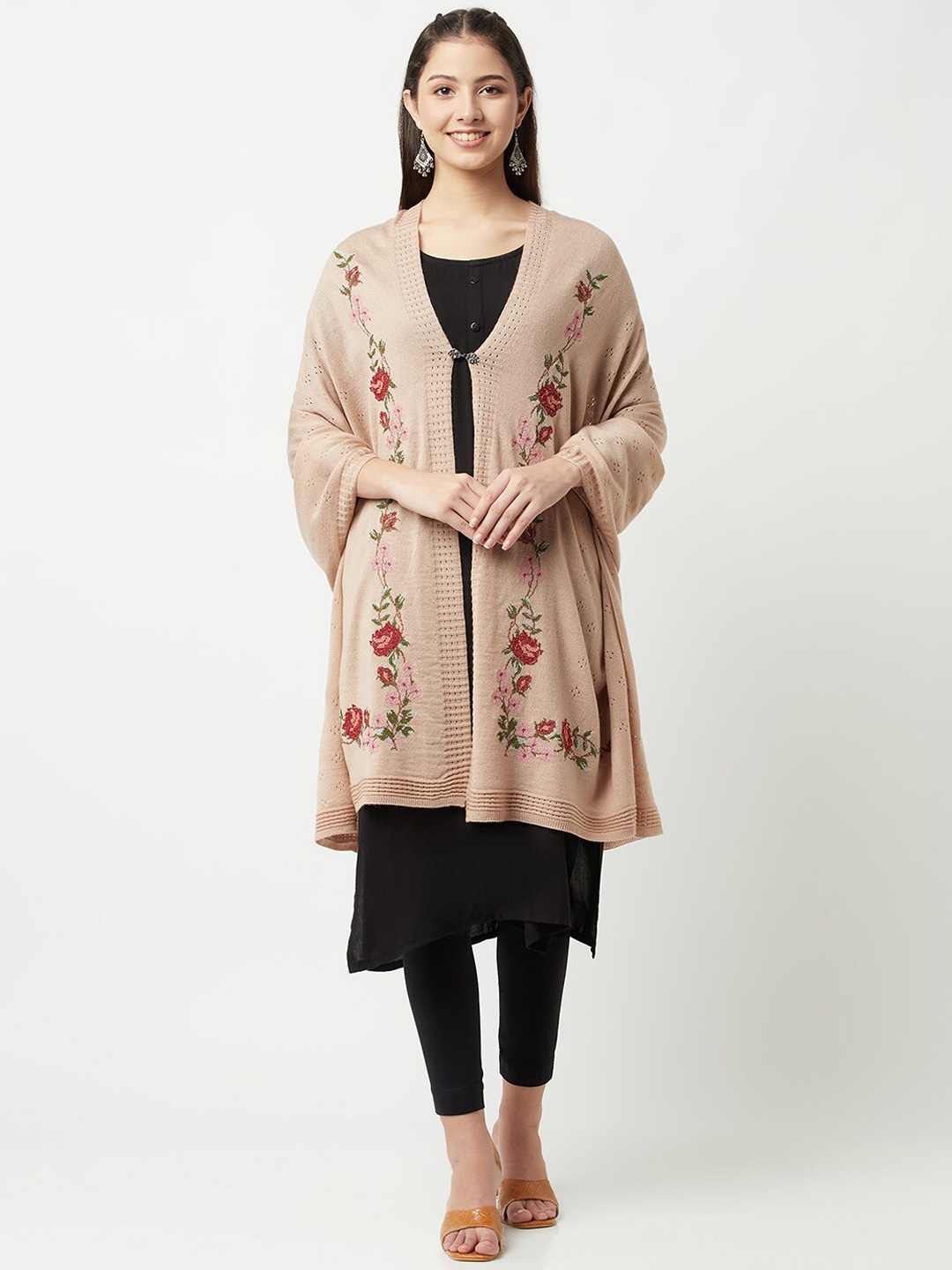Knitstudio Women Rose Pink Floral Knitted Shawl