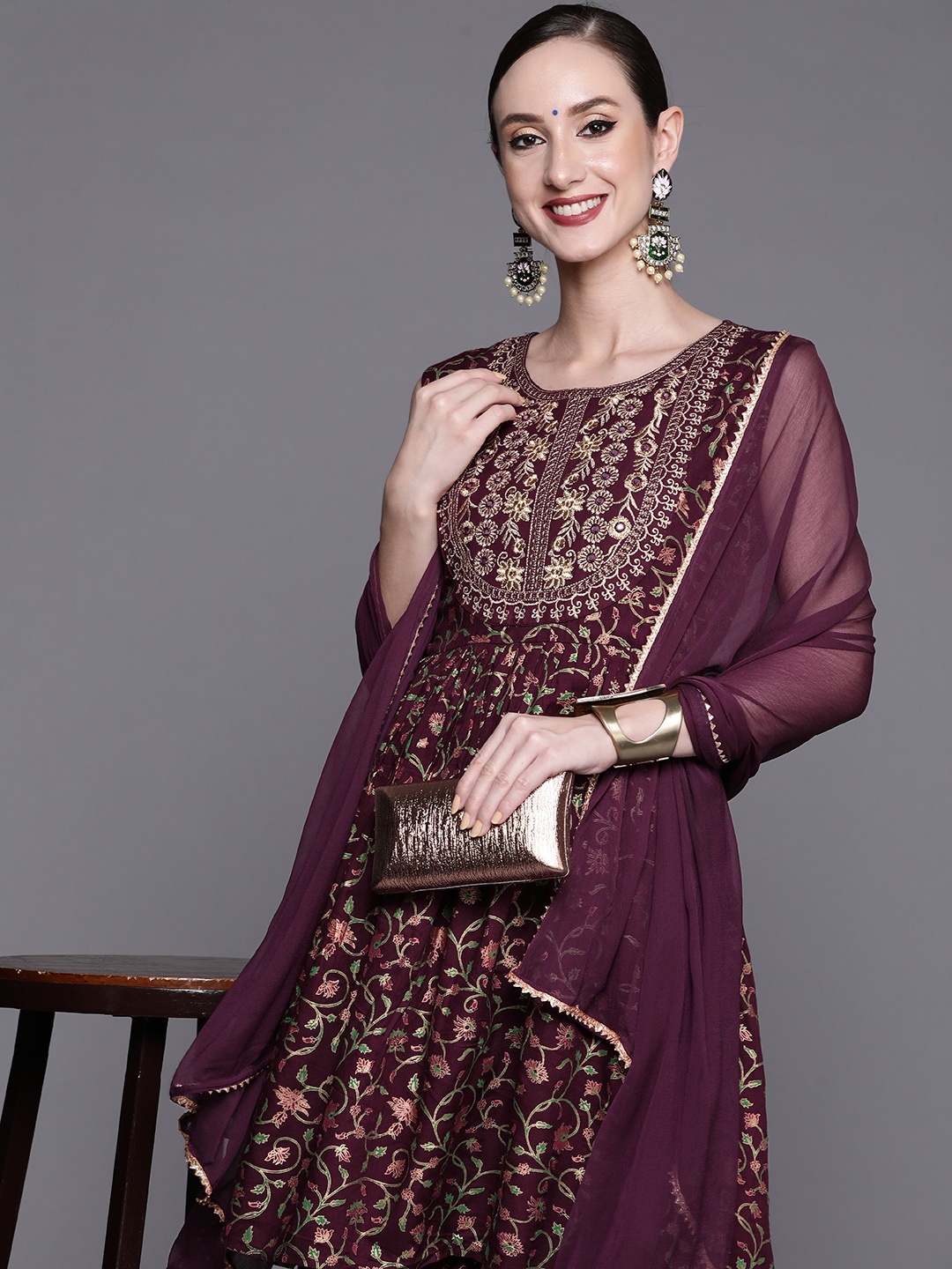 Indo Era Women Burgundy Ethnic Motifs Embroidered Empire Kurta with Sharara & With Dupatta
Indo Era Women Burgundy Ethnic Motifs Embroidered Empire Kurta with Sharara & With Dupatta
