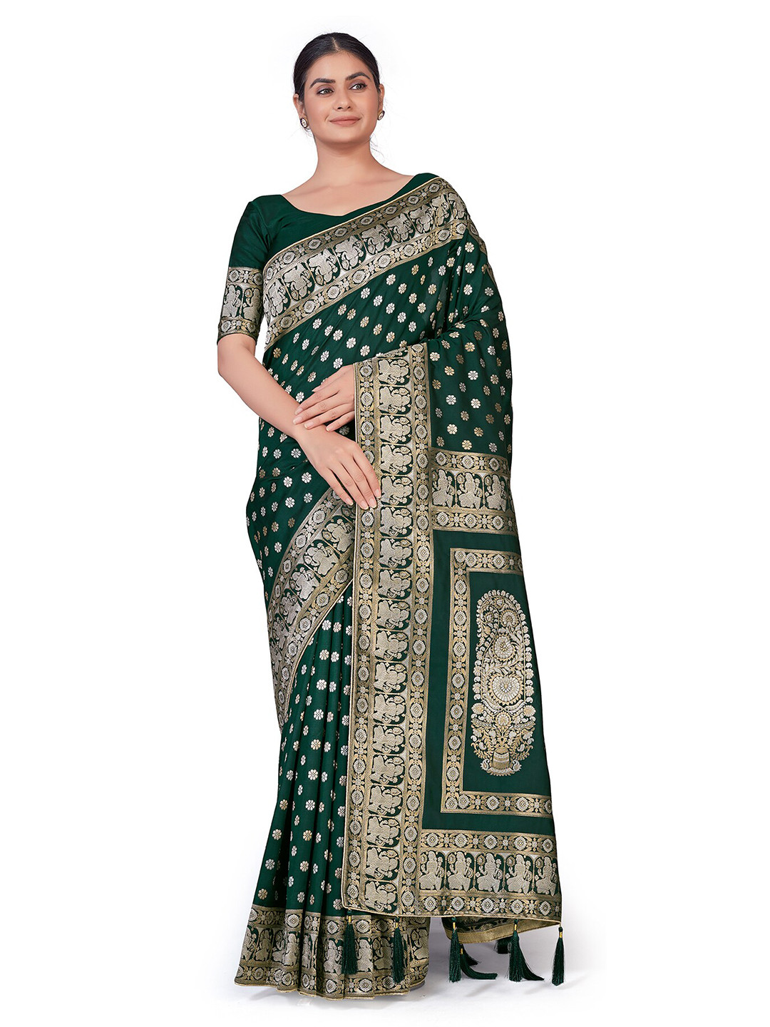 MONJOLIKA FASHION Green & Gold-Toned Ethnic Motifs Zari Silk Blend Banarasi Saree 
MONJOLIKA FASHION Green & Gold-Toned Ethnic Motifs Zari Silk Blend Banarasi Saree