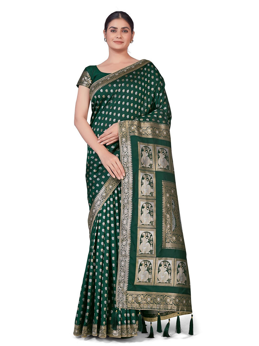 MONJOLIKA FASHION Green & Gold-Toned Ethnic Motifs Zari Silk Blend Banarasi Saree