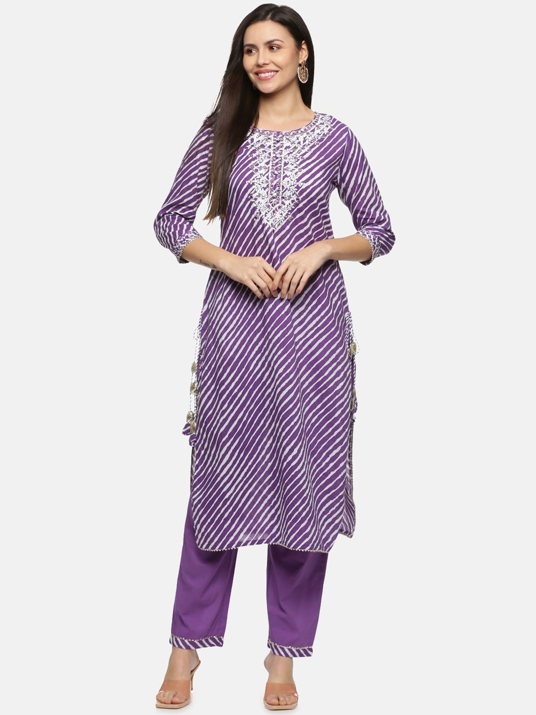 Palakh Women Embroidered Leheriya Pure Cotton Kurta with Trousers, Purple