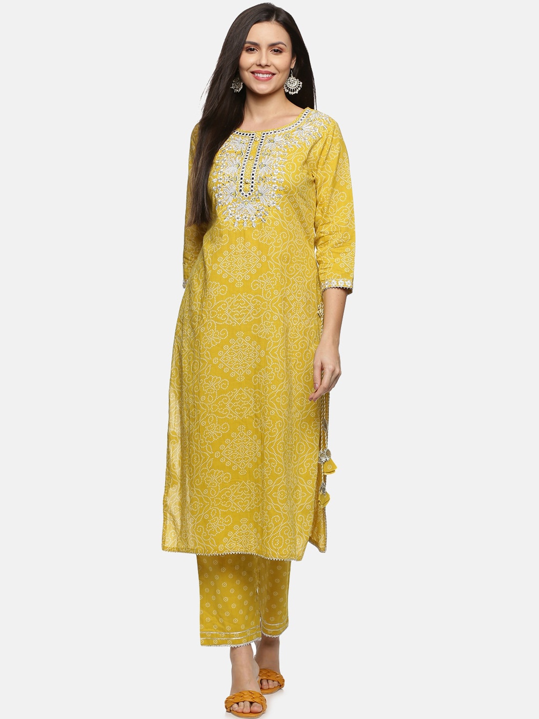 Palakh Women Yellow Bandhani Printed Thread Work Pure Cotton Kurta with Trouser