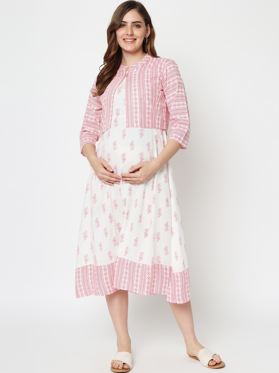 Aujjessa Cream-Coloured & Pink Ethnic Motifs Maternity A-Line Midi Dress