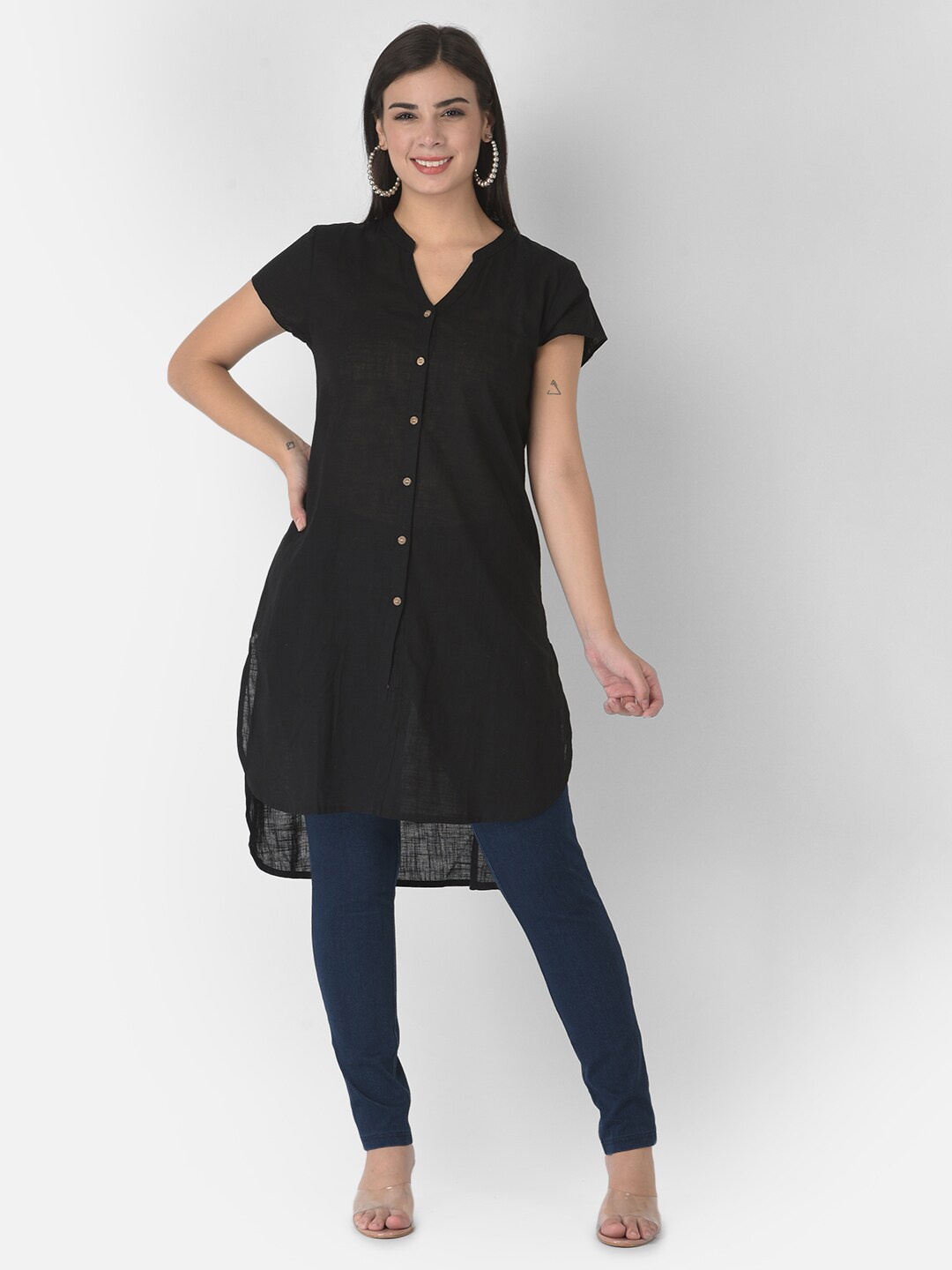 VELDRESS Black Mandarin Collar Shirt Style Longline Top