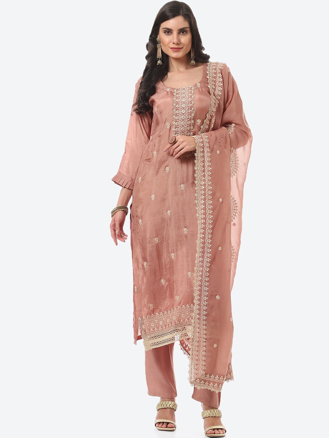Biba Women Embroidered Organza Unstitched Dress Material, Mauve