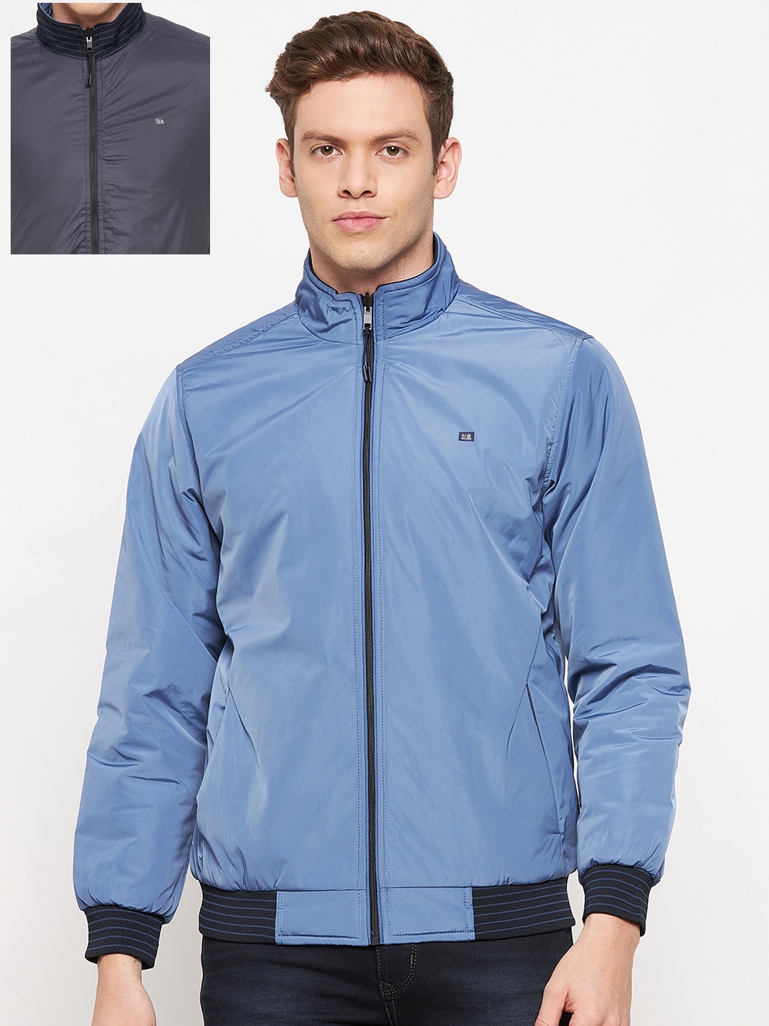 Okane Plus Size Men Blue & Grey Reversible Bomber Jacket