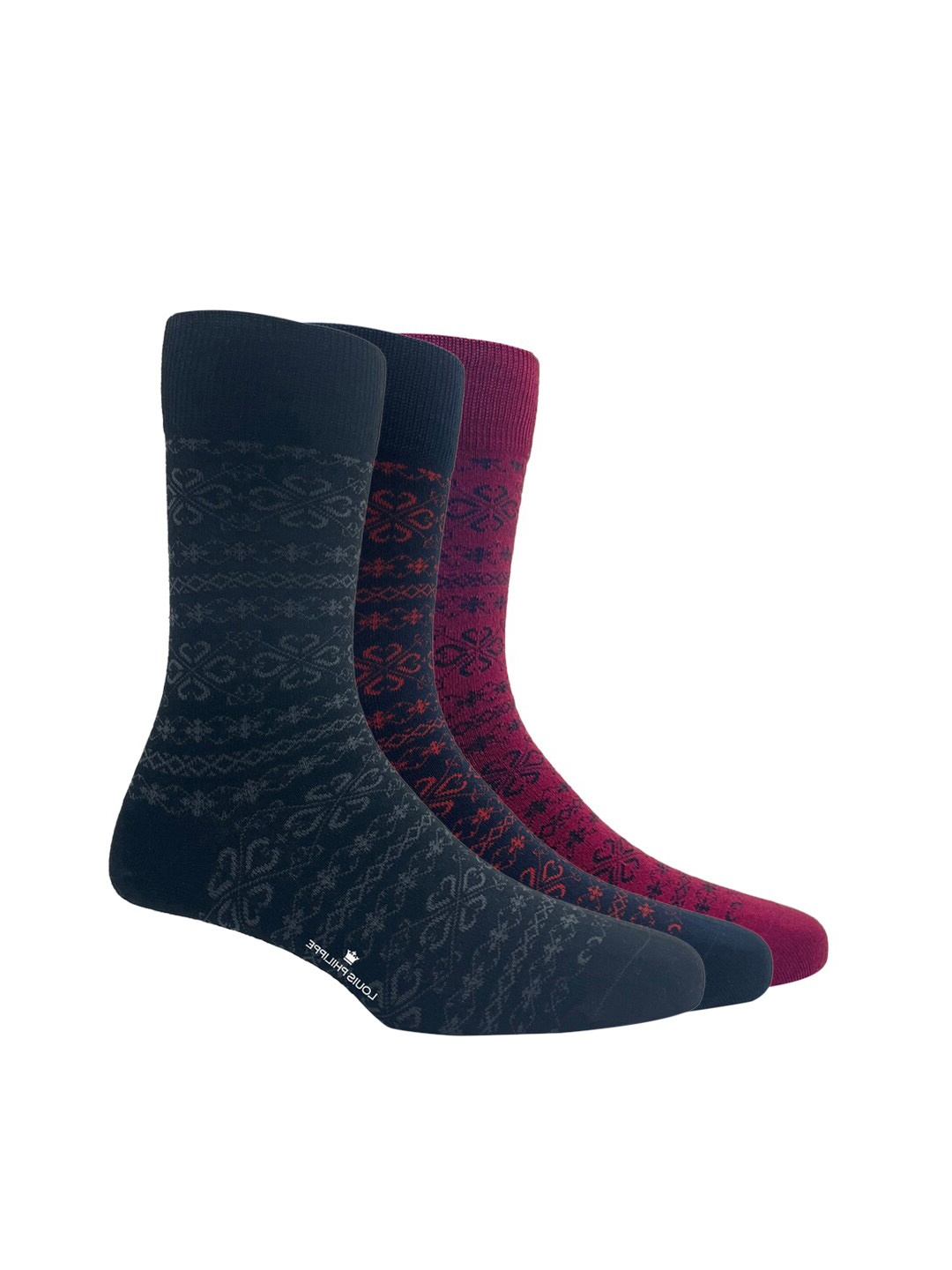 Louis Philippe Men Pack Of 3 Patterned Cotton Calf Length Socks, Maroon