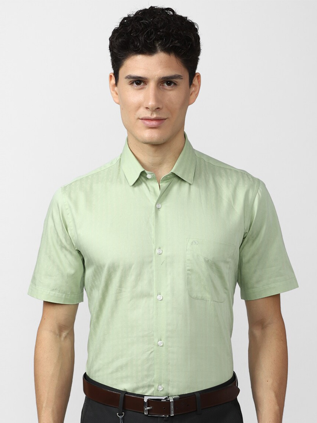 Peter England Men Green Solid Pure Cotton Formal Shirt