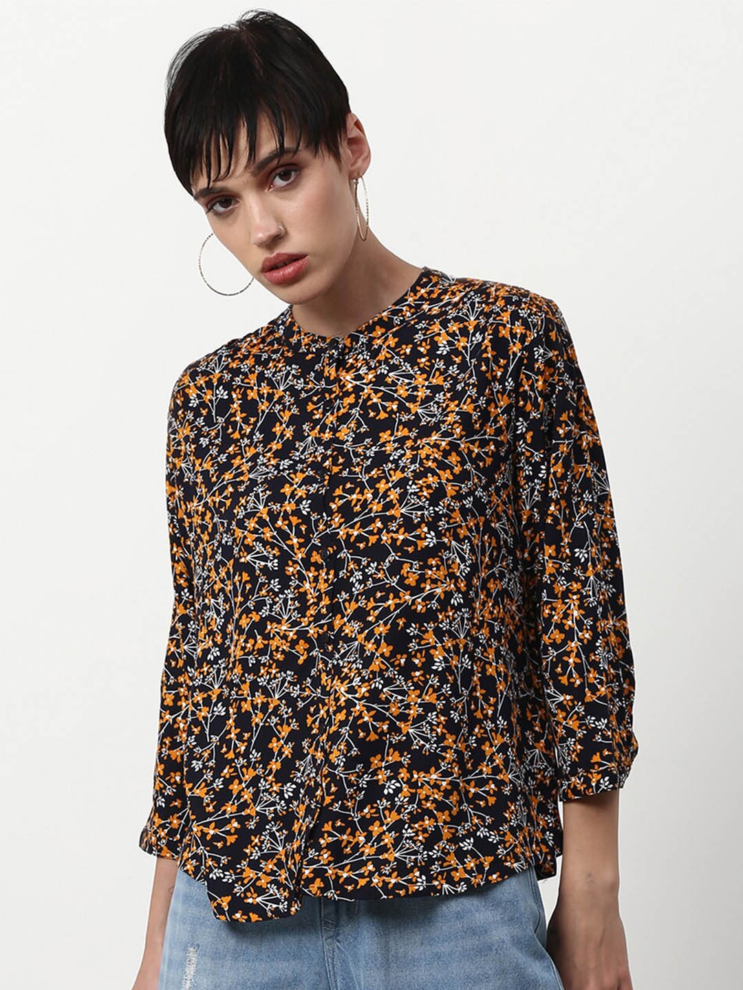 abof Black & Mustard Yellow Floral Print Shirt Style Top