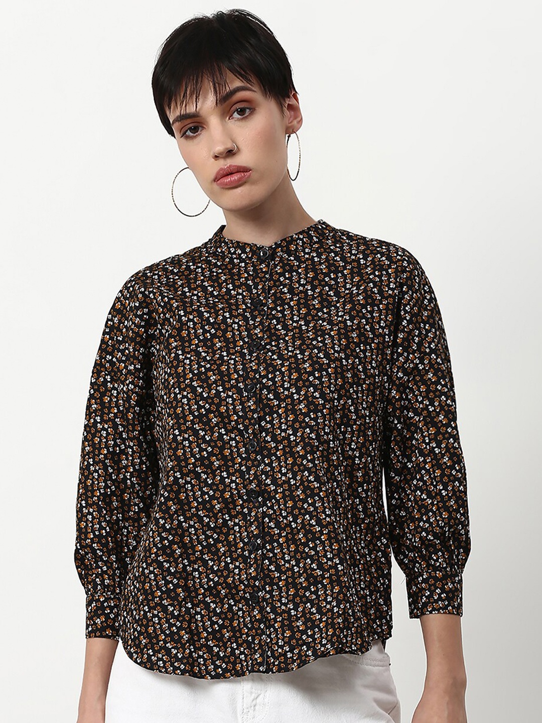 abof Women Black Print Mandarin Collar Shirt Style Top