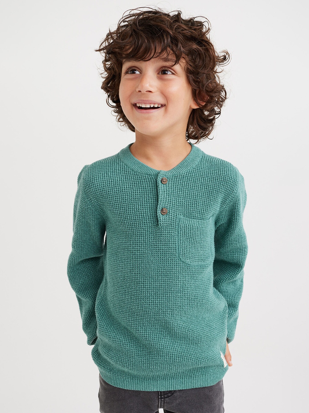 H&M Boys Turquoise Blue Waffle-Knit Henley Top
