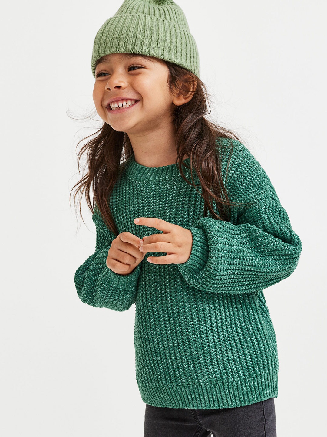 H&M Girls Green Knitted Chenille Jumper