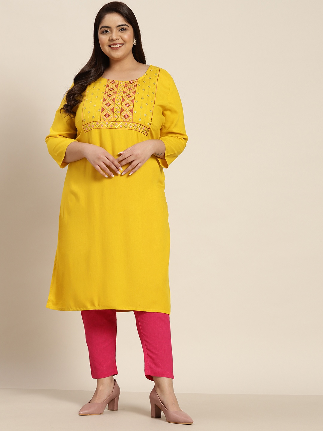 Sztori Women Plus Size Mustard Yellow & Pink Pure Cotton Ethnic Motifs Embroidered Kurta
Sztori Women Plus Size Mustard Yellow & Pink Pure Cotton Ethnic Motifs Embroidered Kurta