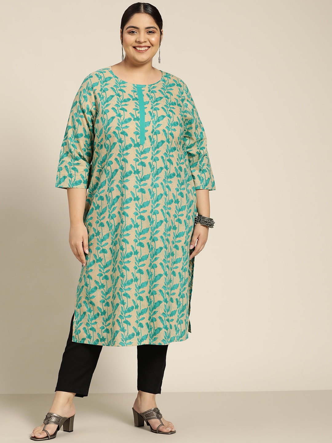 Sztori Women Plus Size Green & Beige Ethnic Motifs Printed Kurta