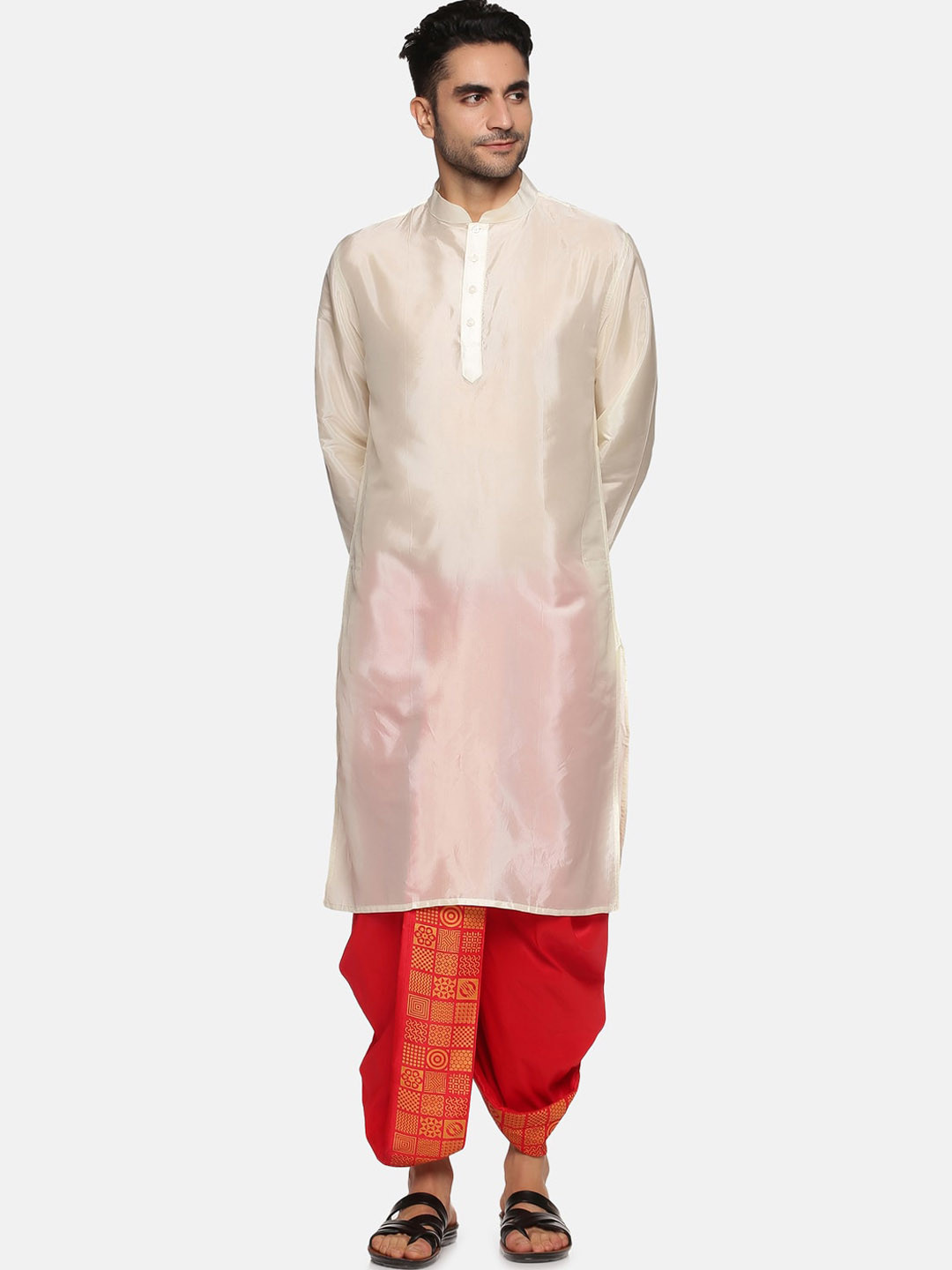 Sethukrishna Men Solid Mandarin Collar Long Sleeves Art Silk Kurta With Dhoti Pant, Cream
Sethukrishna Men Solid Mandarin Collar Long Sleeves Art Silk Kurta With Dhoti Pant, Cream