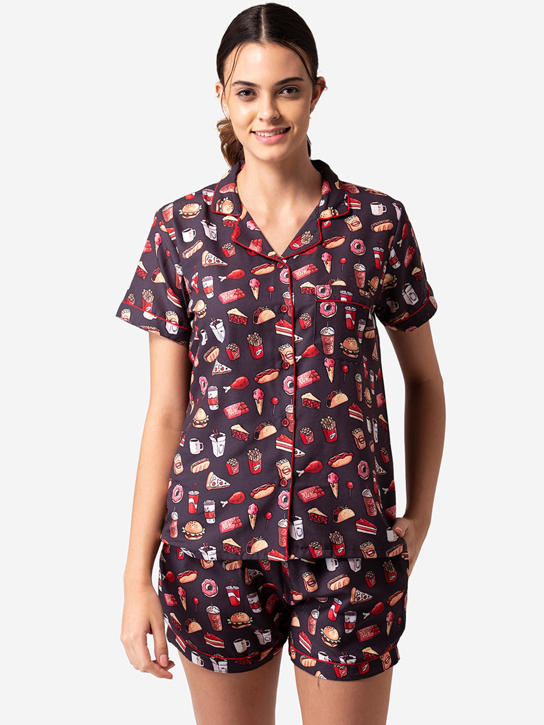 Bellofox Women Black & Red Printed Night suit 
Bellofox Women Black & Red Printed Night suit