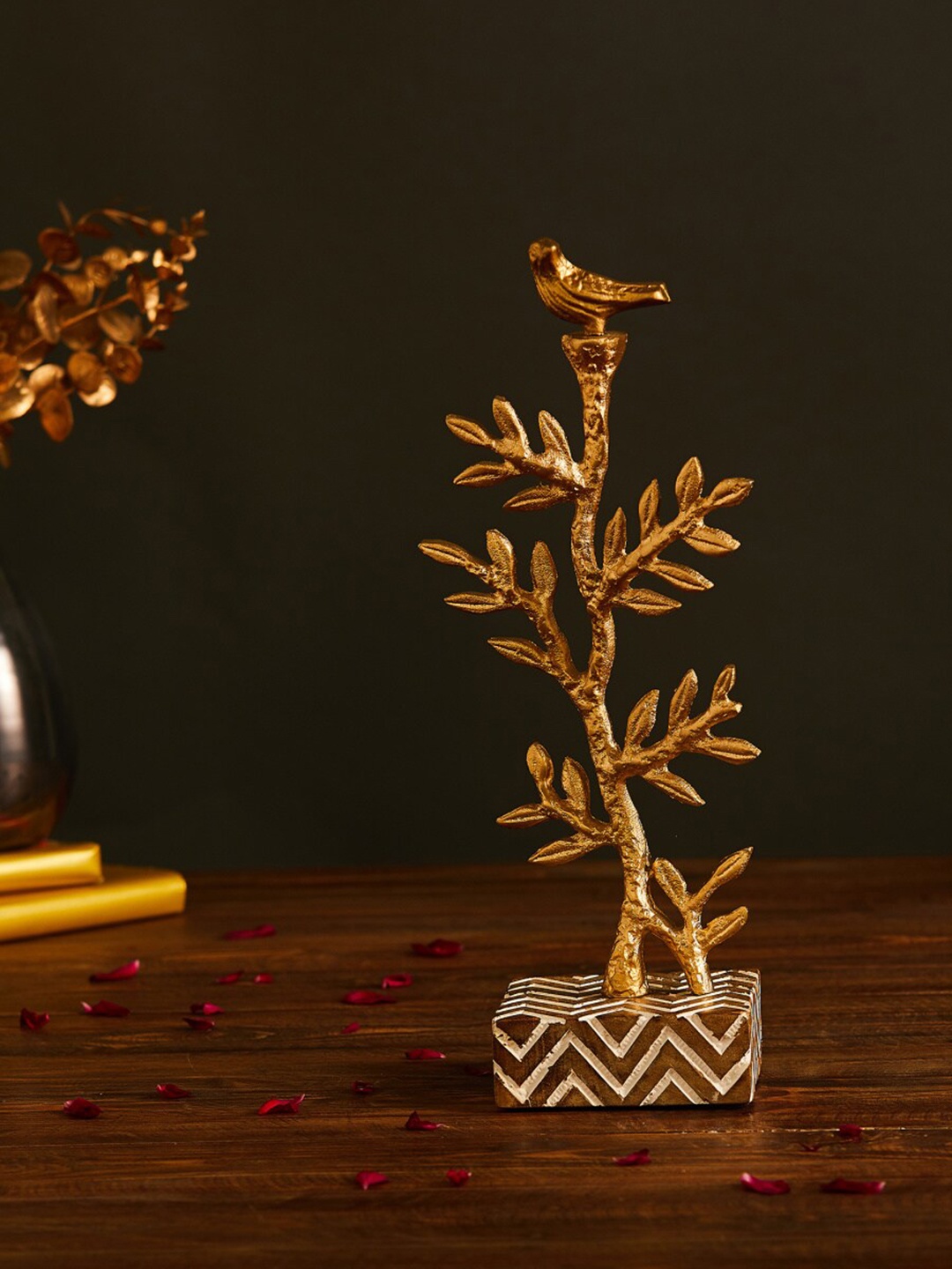 Home Centre Gold-Toned Wood and Aluminium Bird On A Tree Showpiece