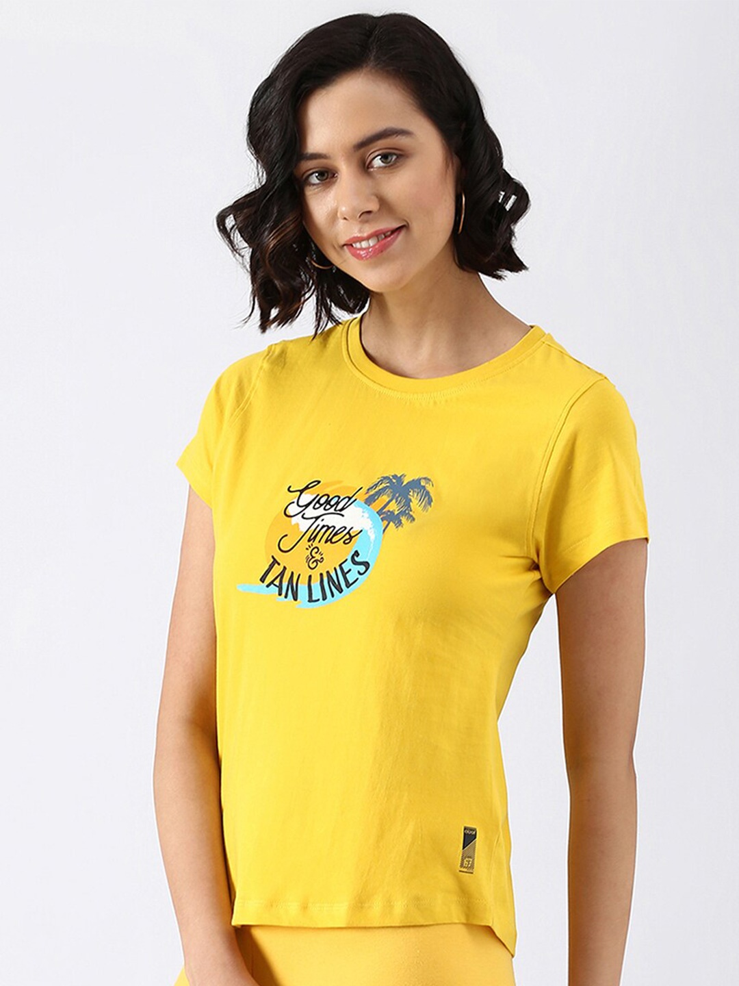 abof Women Yellow Typography Printed Pure Cotton T-shirt