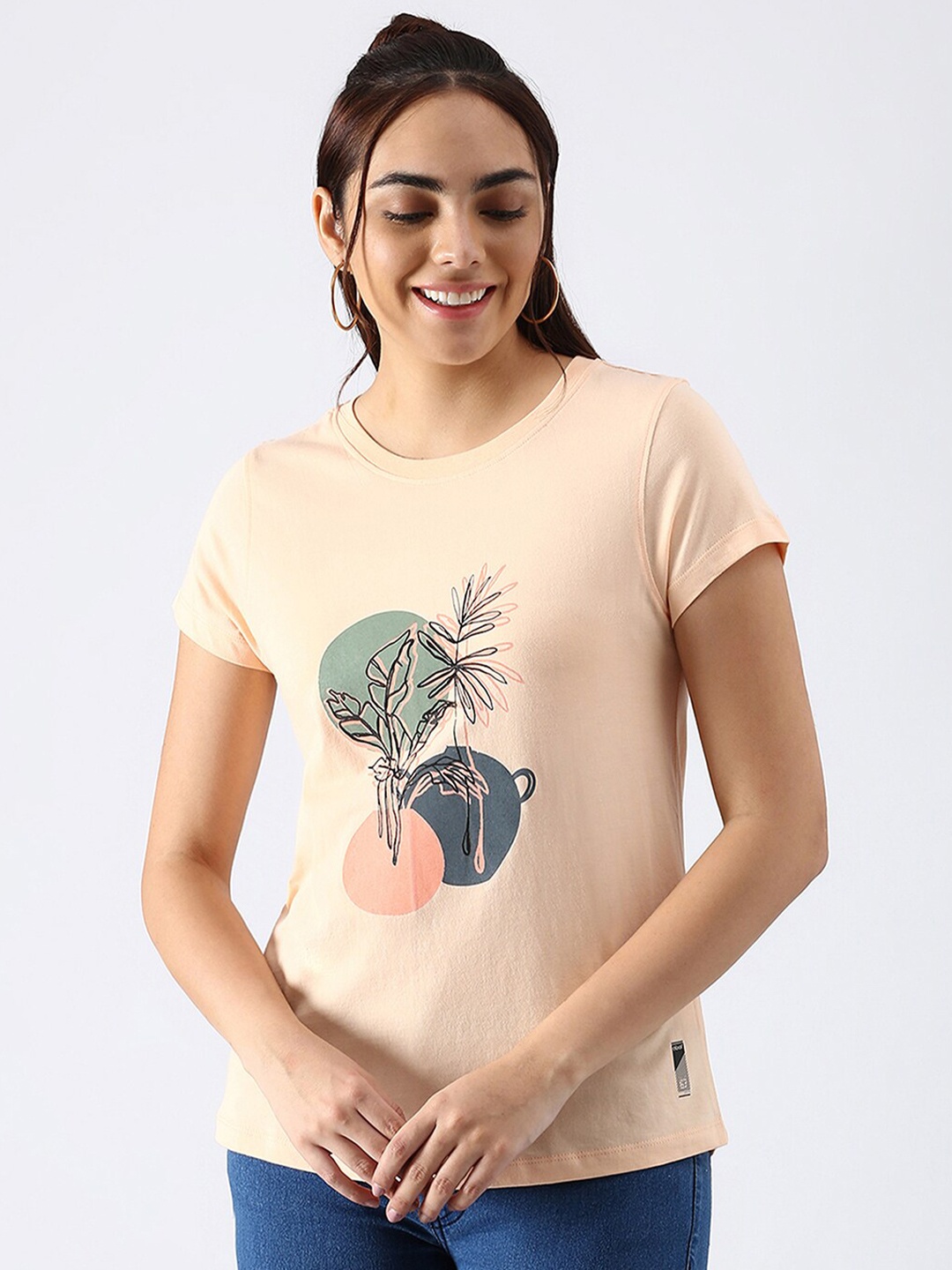 abof Women Peach-Coloured Pure Cotton T-shirt