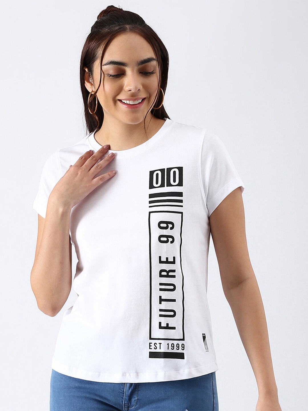 abof Women White Typography Printed Pure Cotton T-shirt