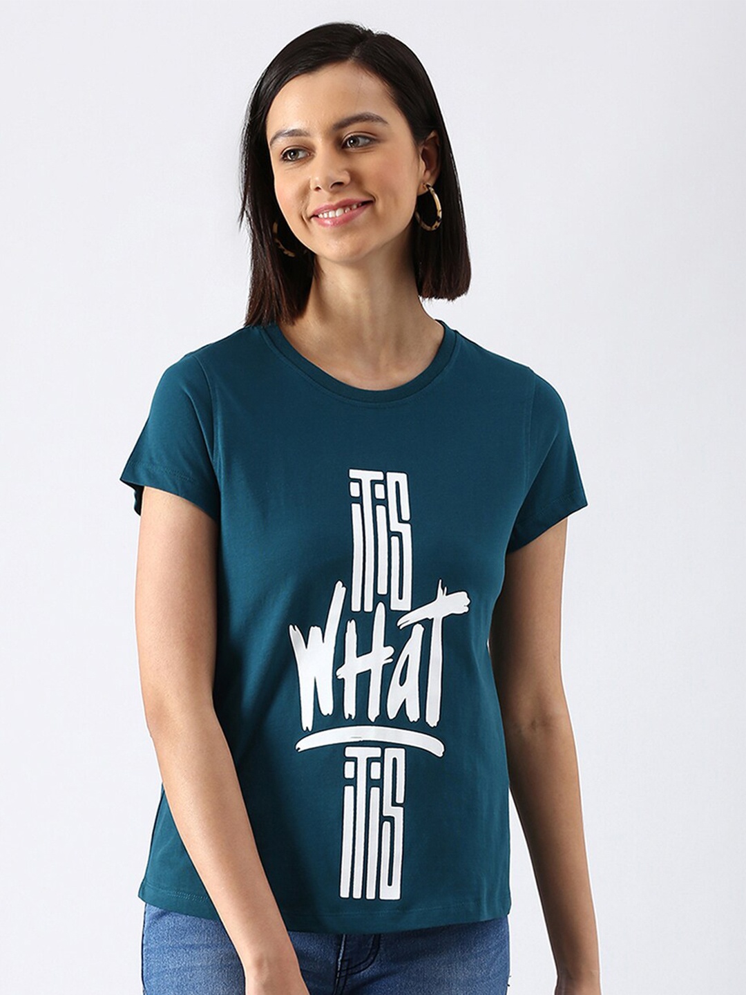 abof Women Teal Typography Printed Pure Cotton T-shirt