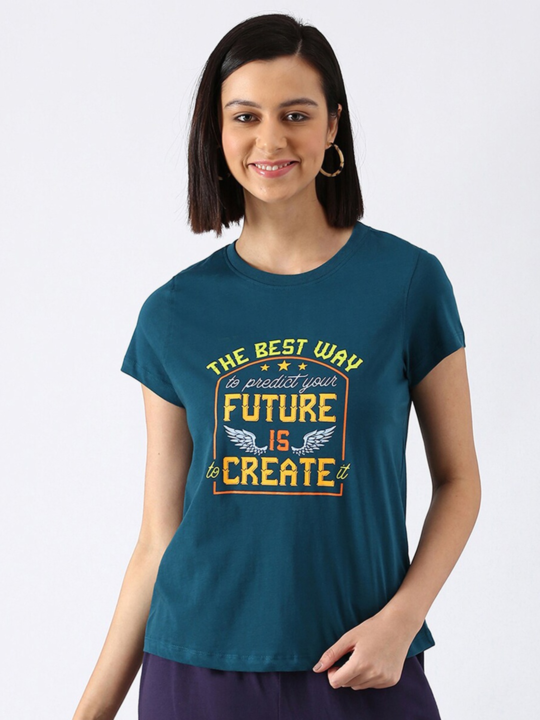 abof Women Teal Typography Printed Pure Cotton T-shirt