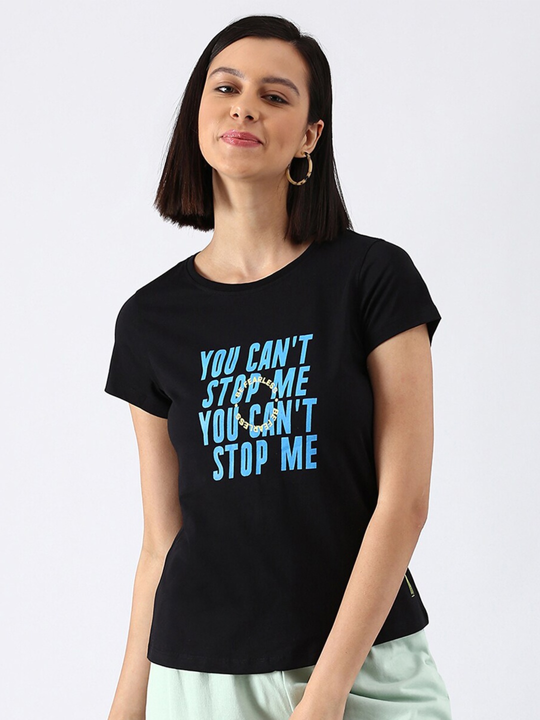 abof Women Black & Blue Typography Printed Pure Cotton T-shirt