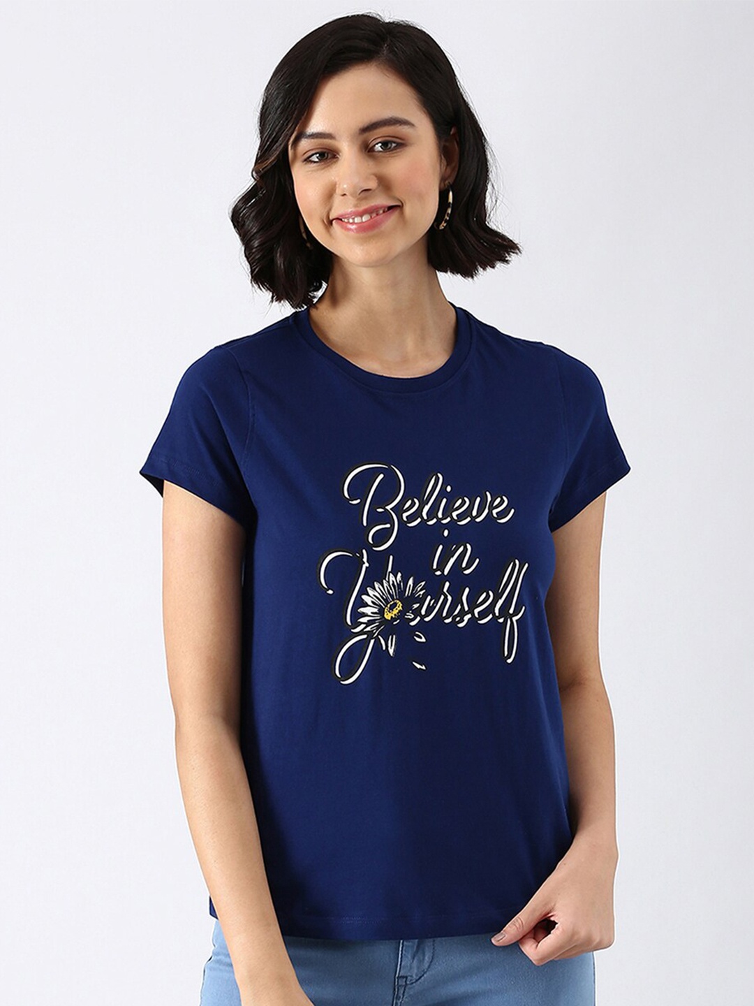 abof Women Navy Blue & White Typography Printed Pure Cotton T-shirt