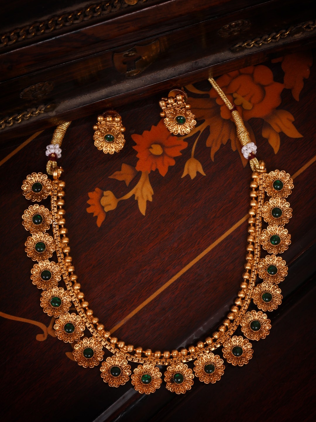 GRIIHAM Gold-Plated Green AD-Studded Jewellery Set