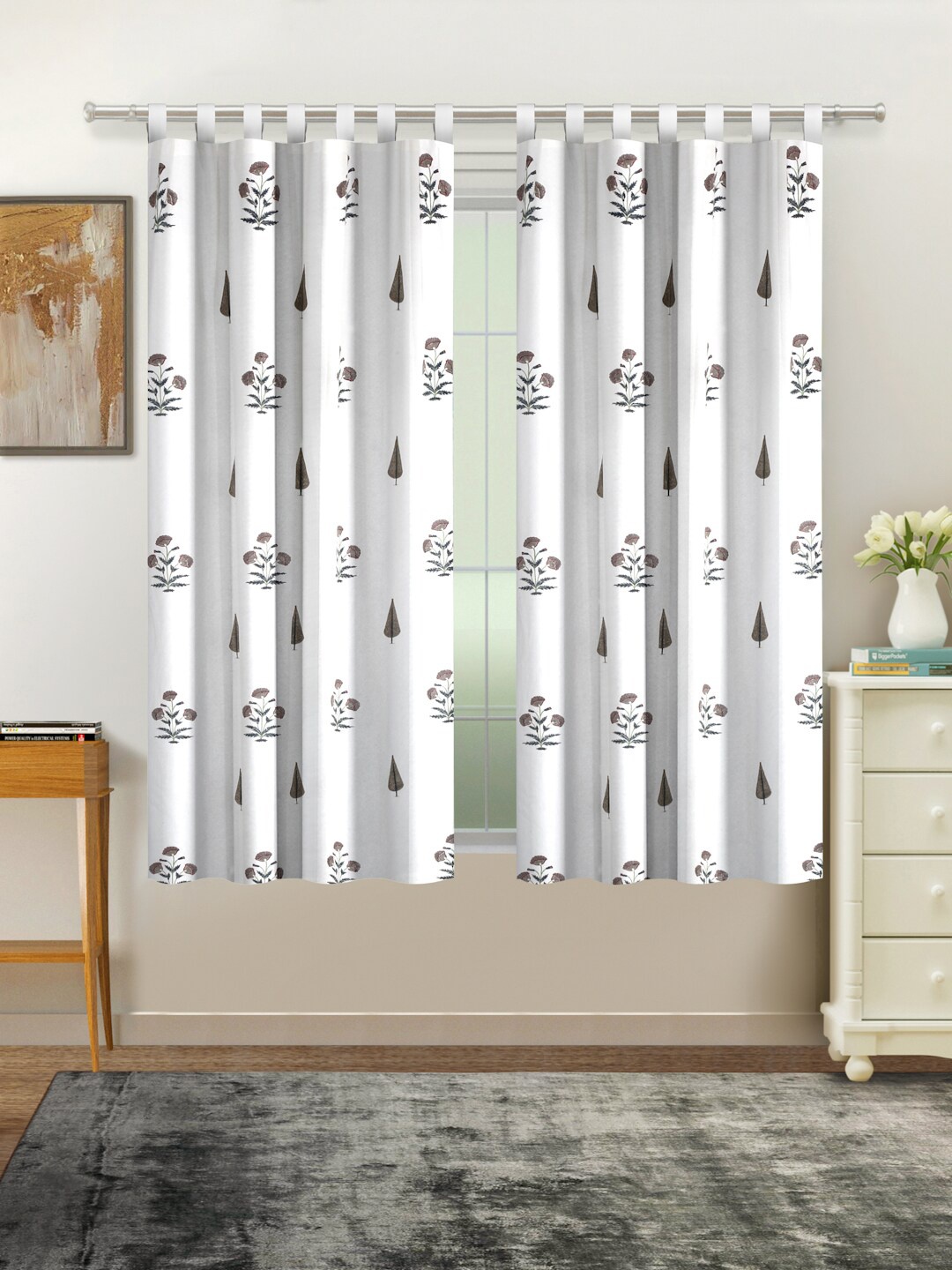 Rajasthan Decor White & Grey Set of 2 Floral Window Curtain