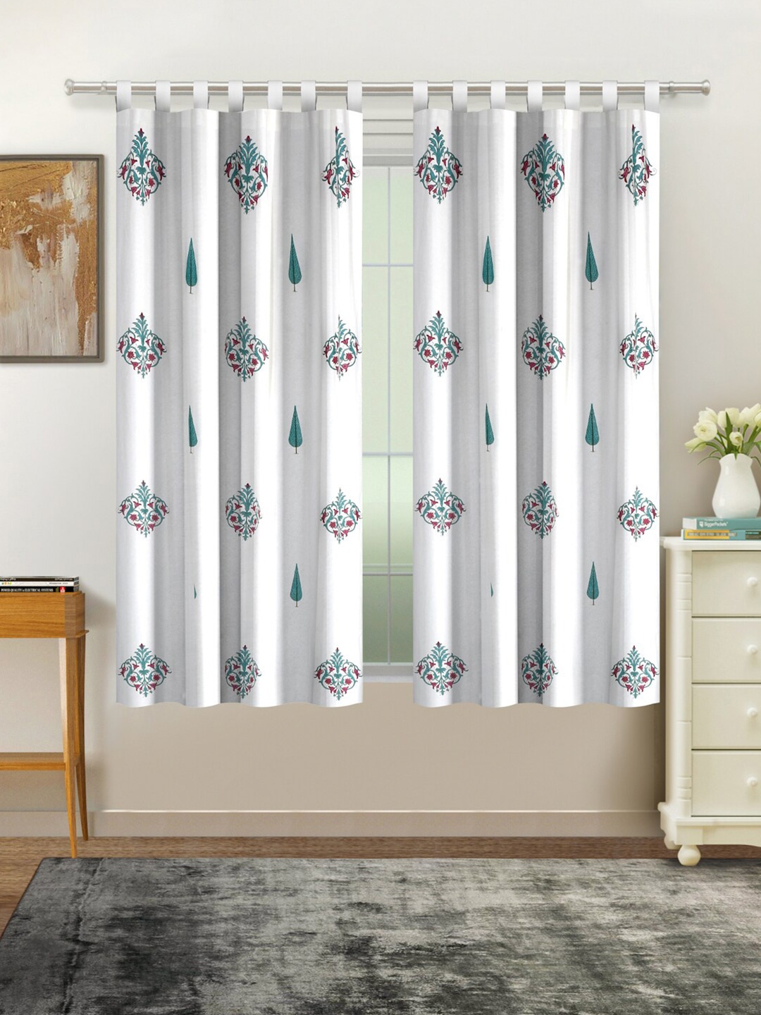 Rajasthan Decor White & Green Set of 2 Ethnic Motifs Window Curtain