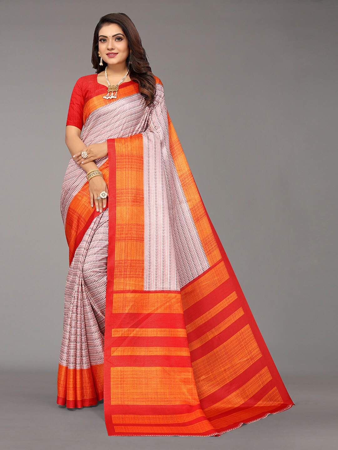 KALINI Red & Orange Zari Art Silk Saree